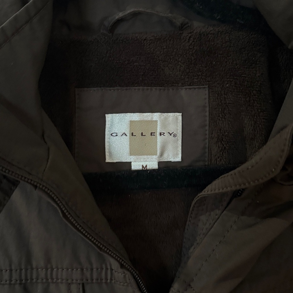 Gallery Dark Brown Utility Jacket heavy trench with hood size medium - Picture 2 of 4